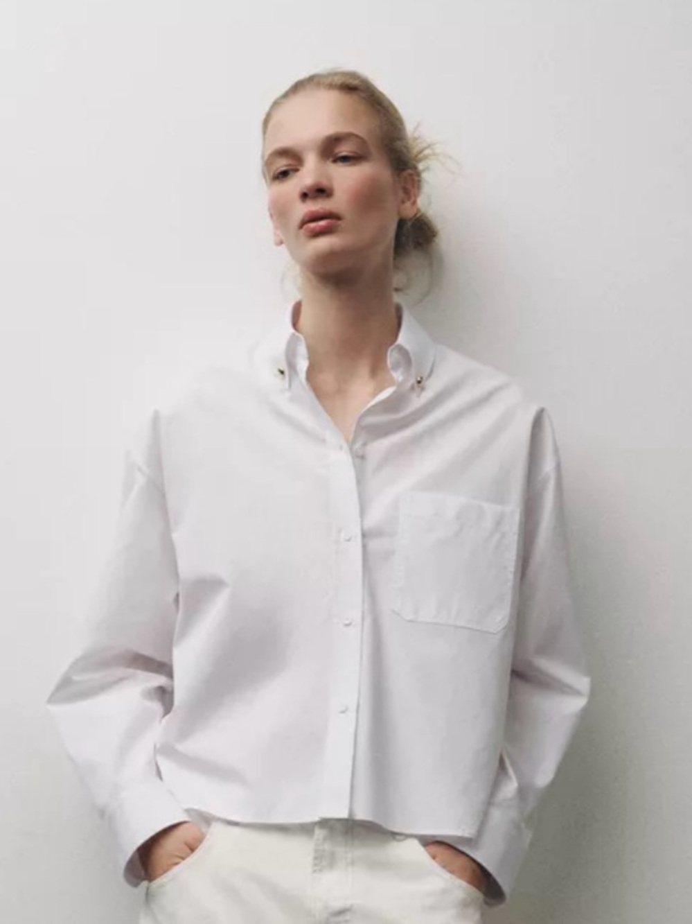 Zara White Cropped Button-Down Shirt